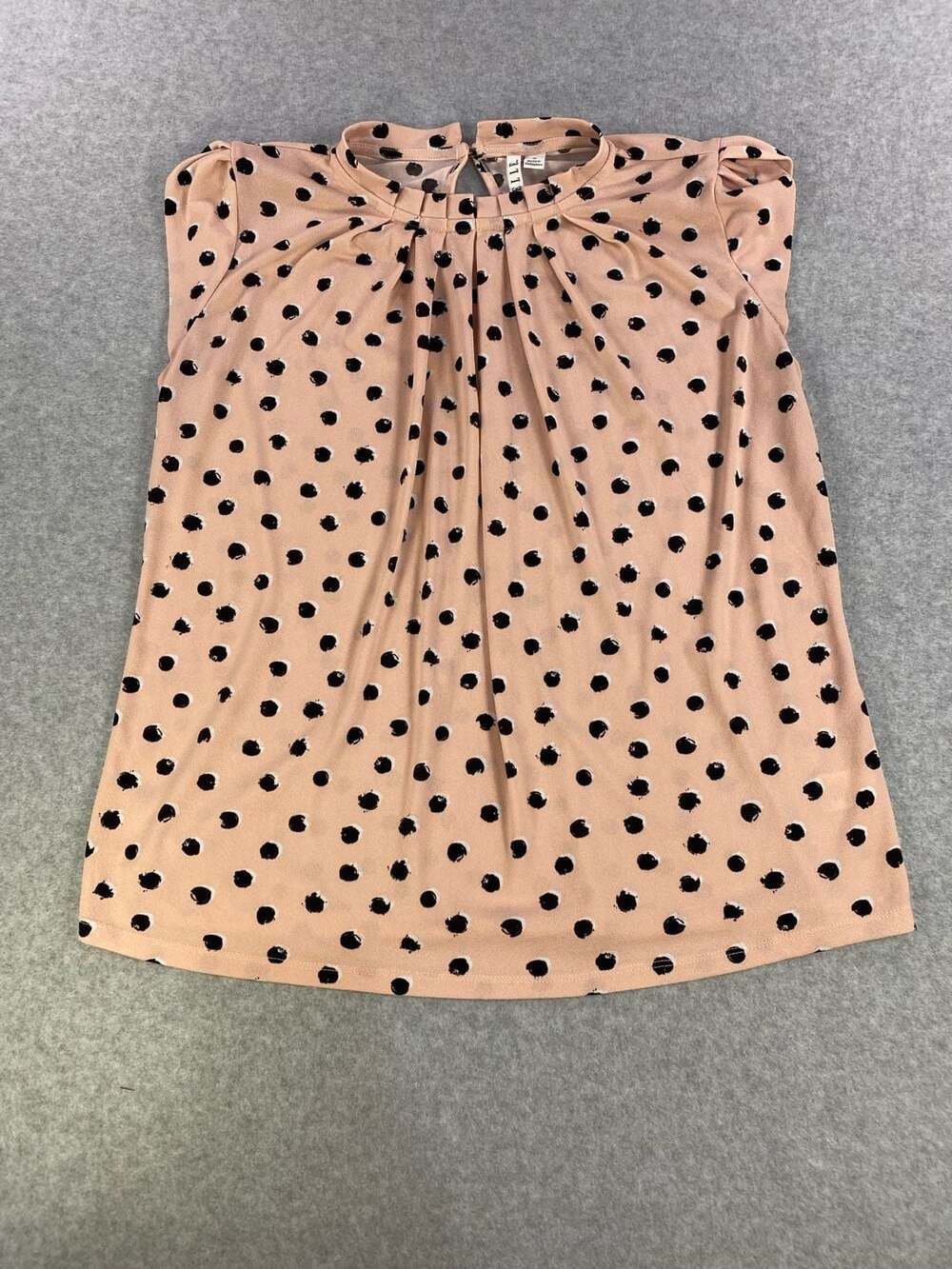 Elle Women's Pleated Neck Cap Sleeve Blouse in Pink and Black Polka Dot